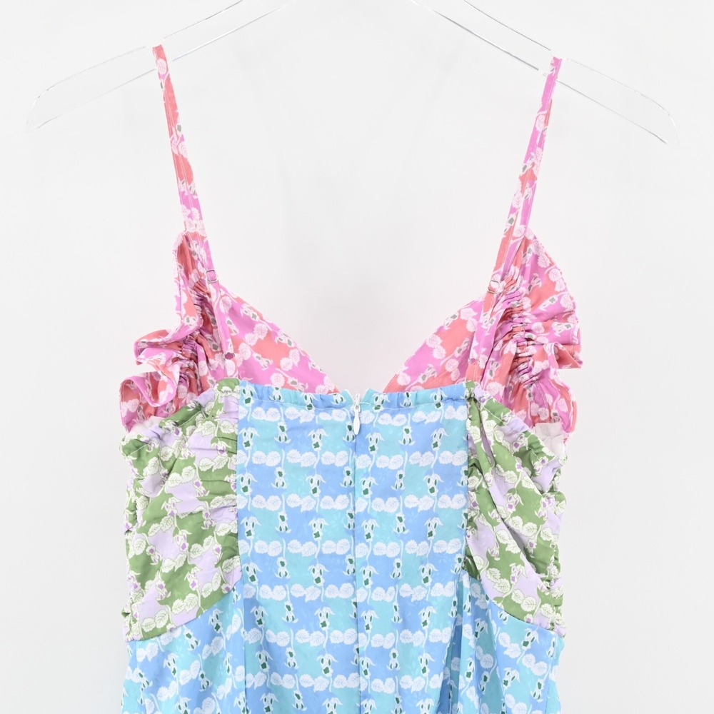 ENGLISH FACTORY Dress Sz S Pastels Floral Print Satin Sleeveless Midi Blue Pink - Picture 6 of 11